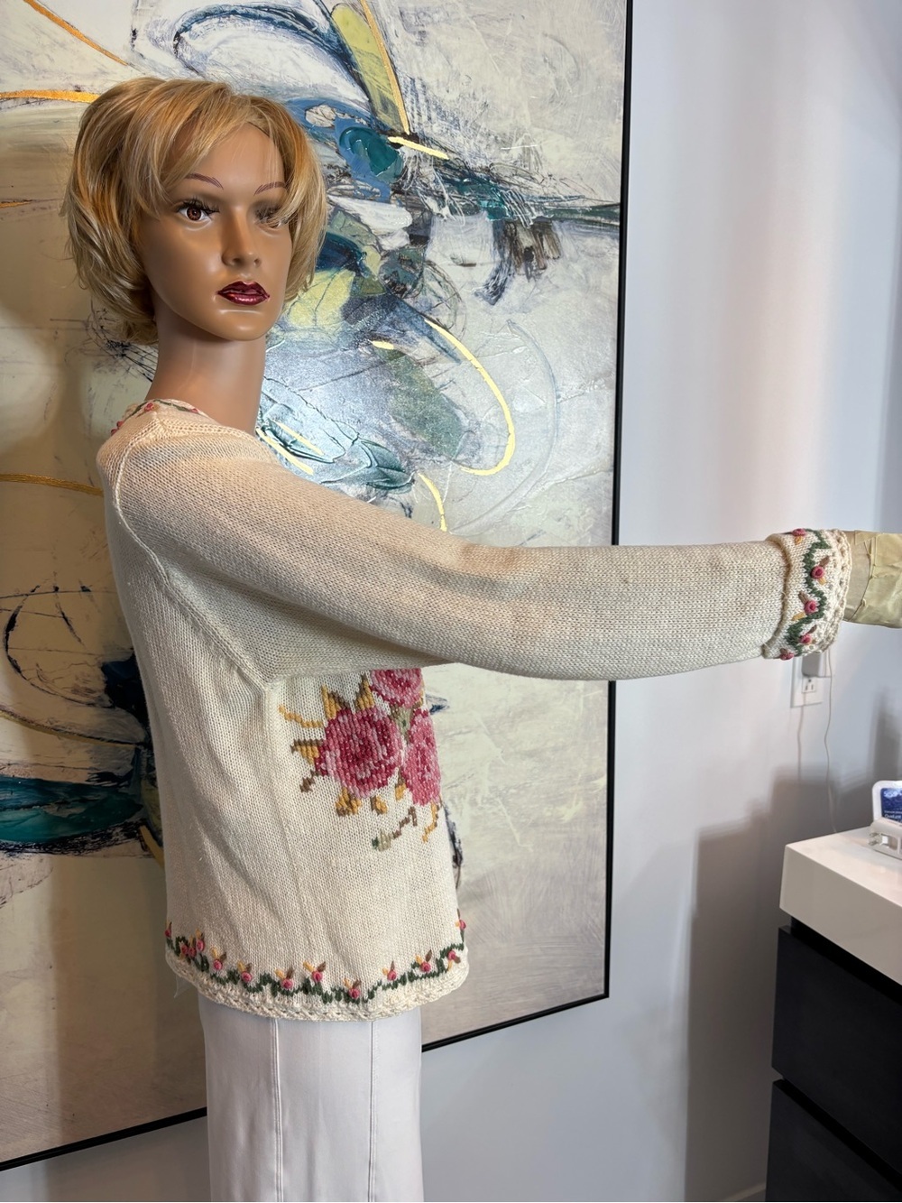 Cream Floral V-Neck Sweater with Pink Rose Embroidery - Picture 6 of 13